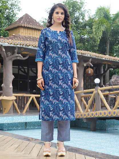 Smoke Blue Viscose Rayon V-Neck Kurta Set