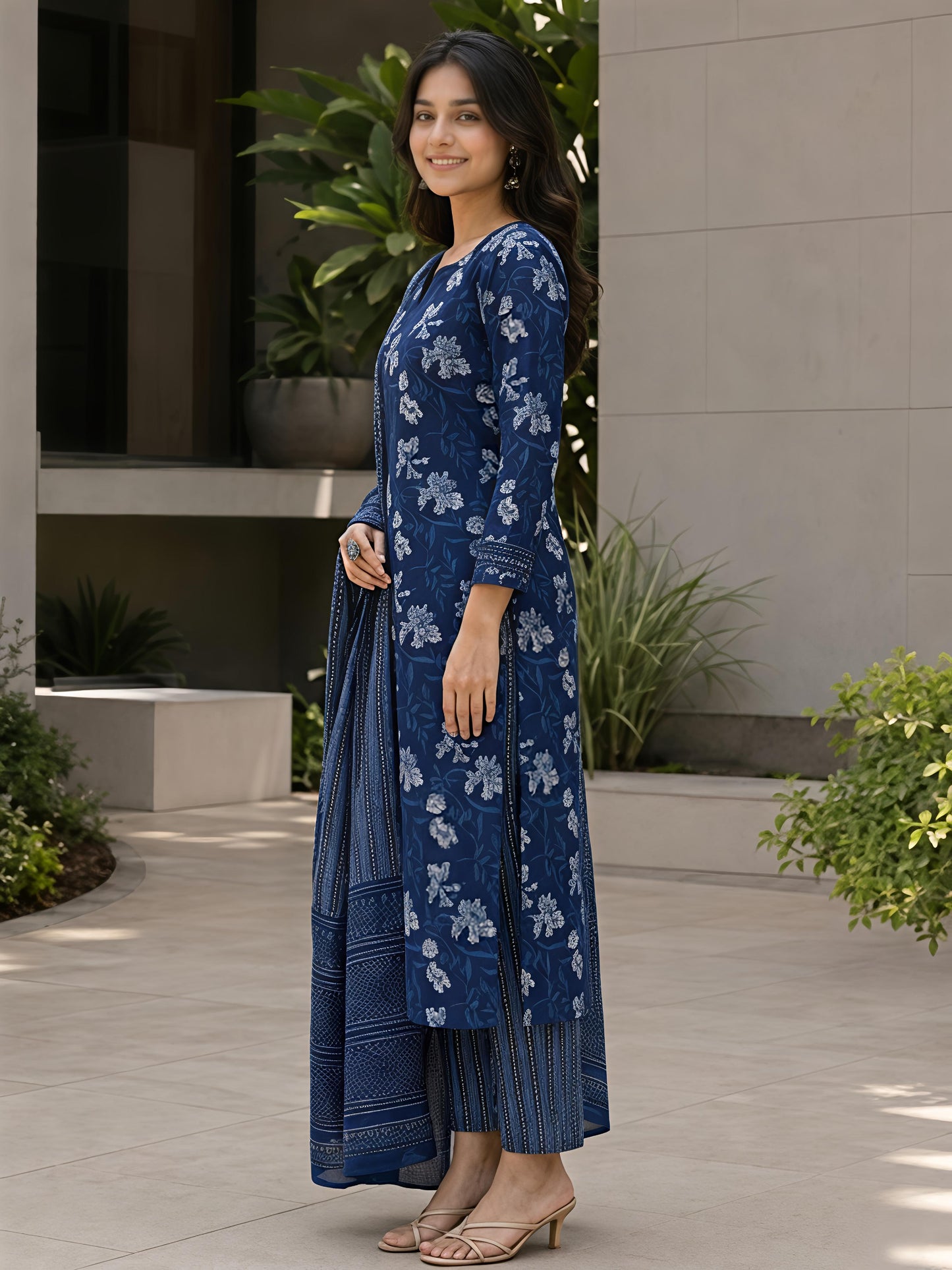 Smoke Blue Ethnic V-Neck Viscose Rayon Floral Kurta Set Dupatta