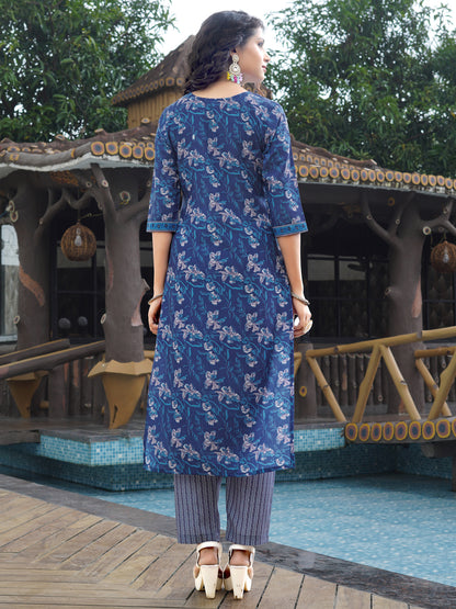 Smoke Blue Viscose Rayon V-Neck Kurta Set