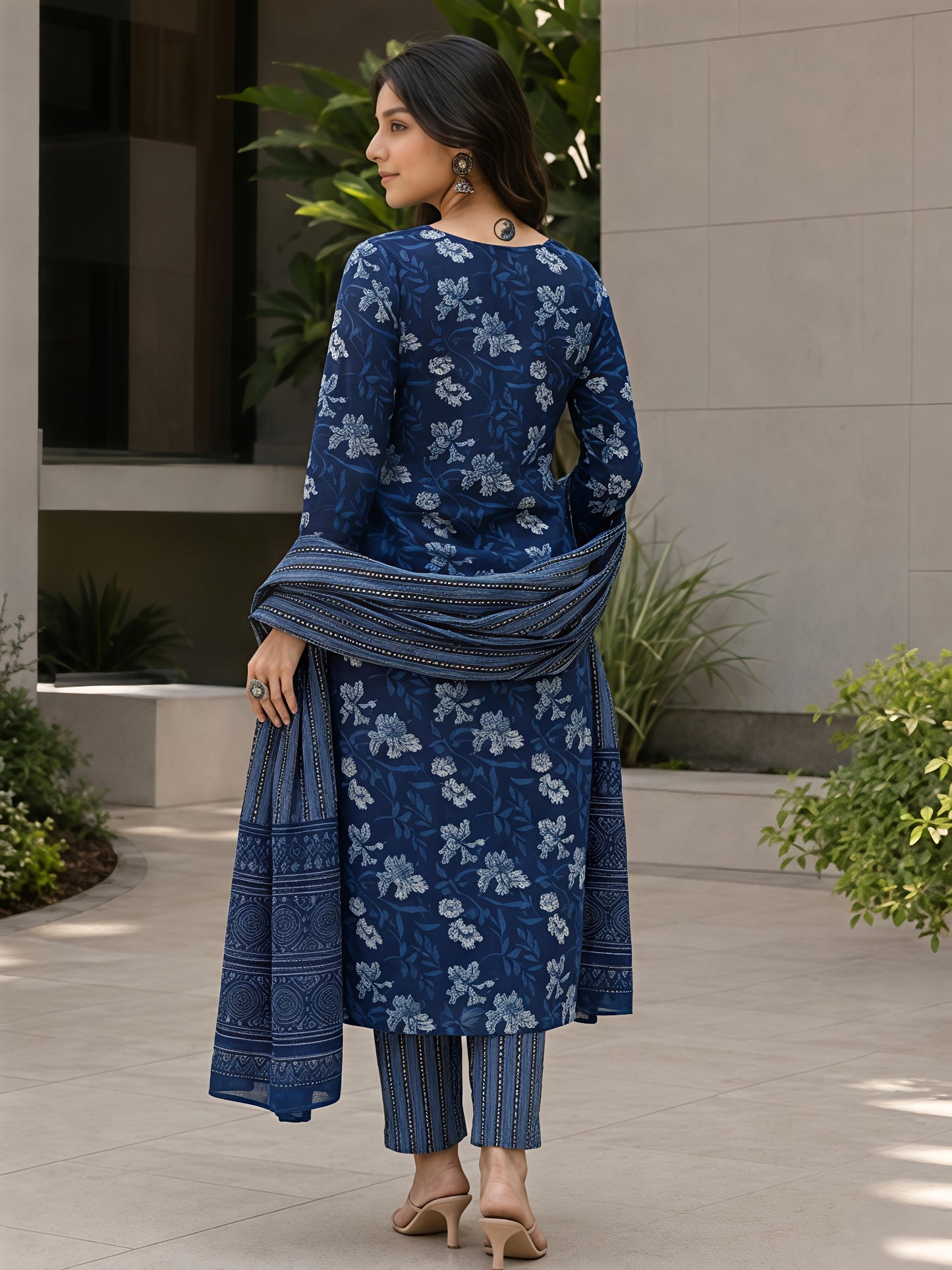 Smoke Blue Ethnic V-Neck Viscose Rayon Floral Kurta Set Dupatta