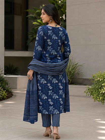 Smoke Blue Ethnic V-Neck Viscose Rayon Floral Kurta Set Dupatta
