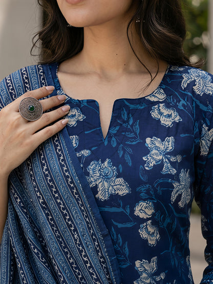 Smoke Blue Ethnic V-Neck Viscose Rayon Floral Kurta Set Dupatta