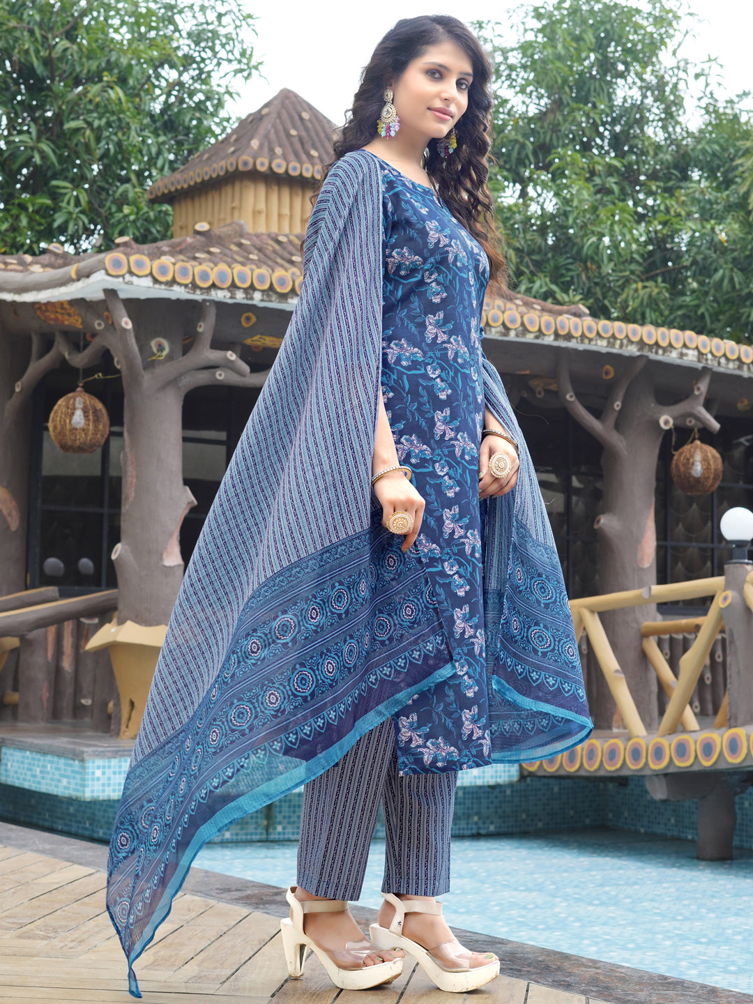 Smoke Blue Viscose Rayon V-Neck Kurta Set