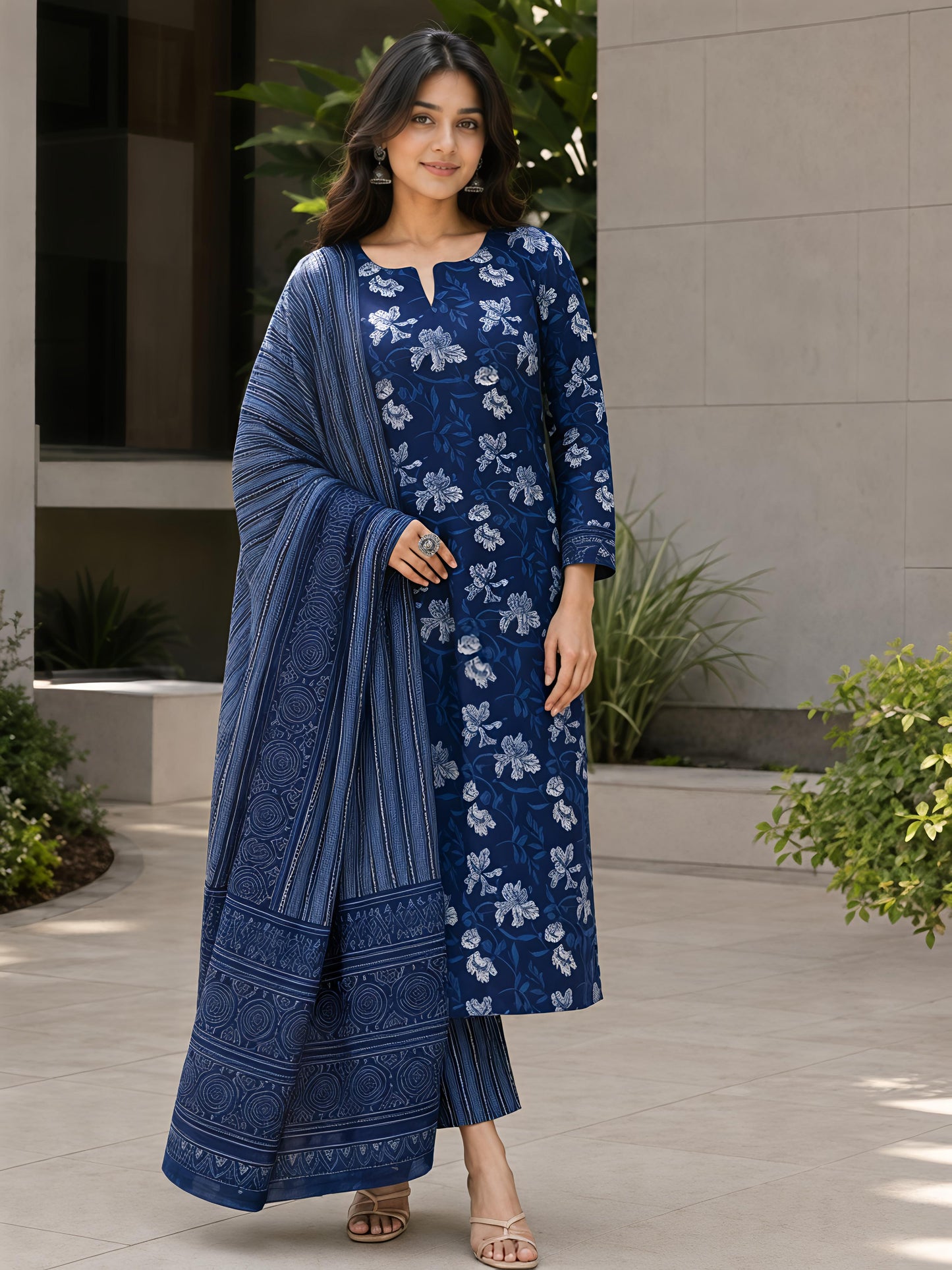 Smoke Blue Ethnic V-Neck Viscose Rayon Floral Kurta Set Dupatta