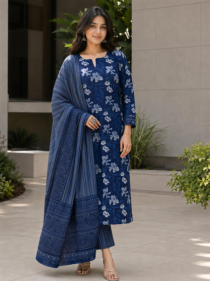 Smoke Blue Ethnic V-Neck Viscose Rayon Floral Kurta Set Dupatta