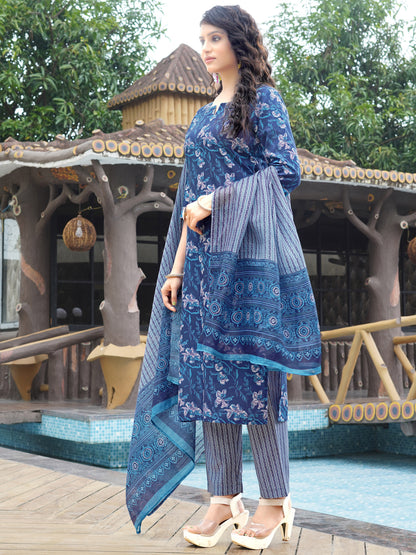 Smoke Blue Viscose Rayon V-Neck Kurta Set