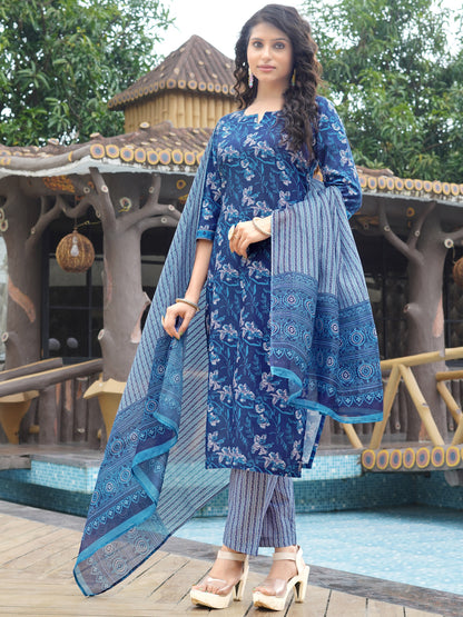 Smoke Blue Viscose Rayon V-Neck Kurta Set