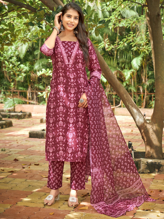 Maroon Floral Print V-Neck Kurta Set