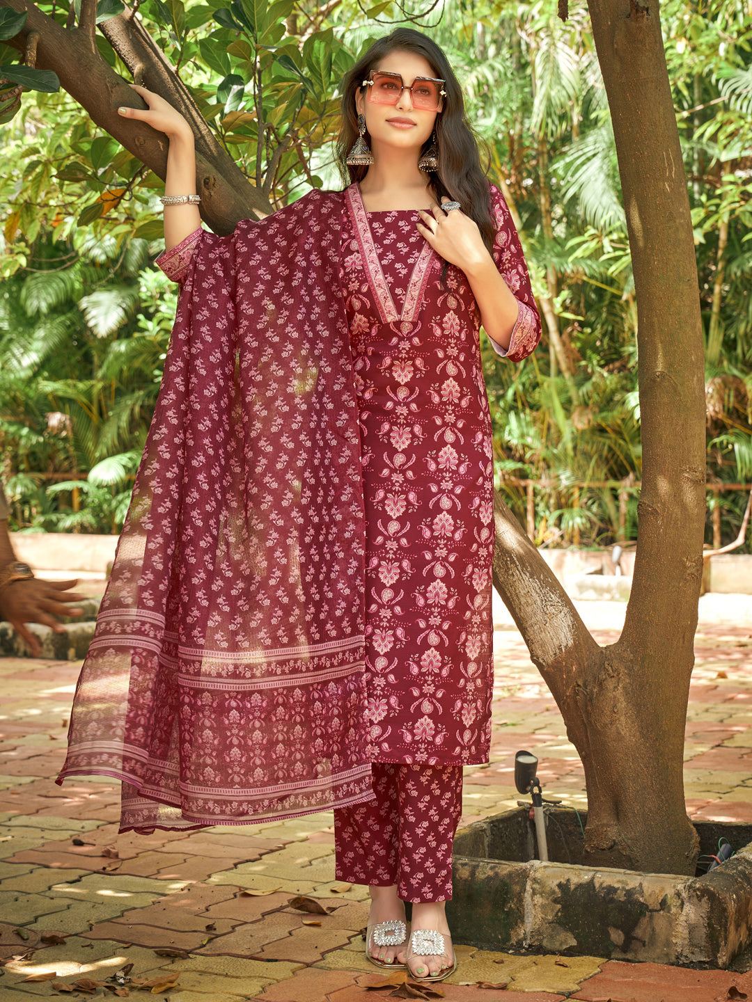 Maroon Floral Print V-Neck Kurta Set