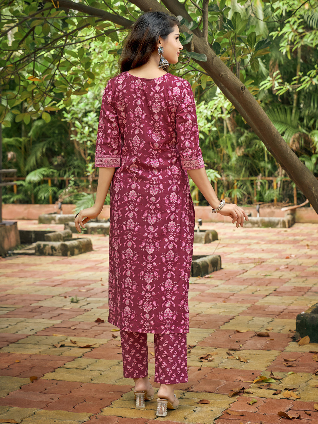 Maroon Floral Print V-Neck Kurta Set