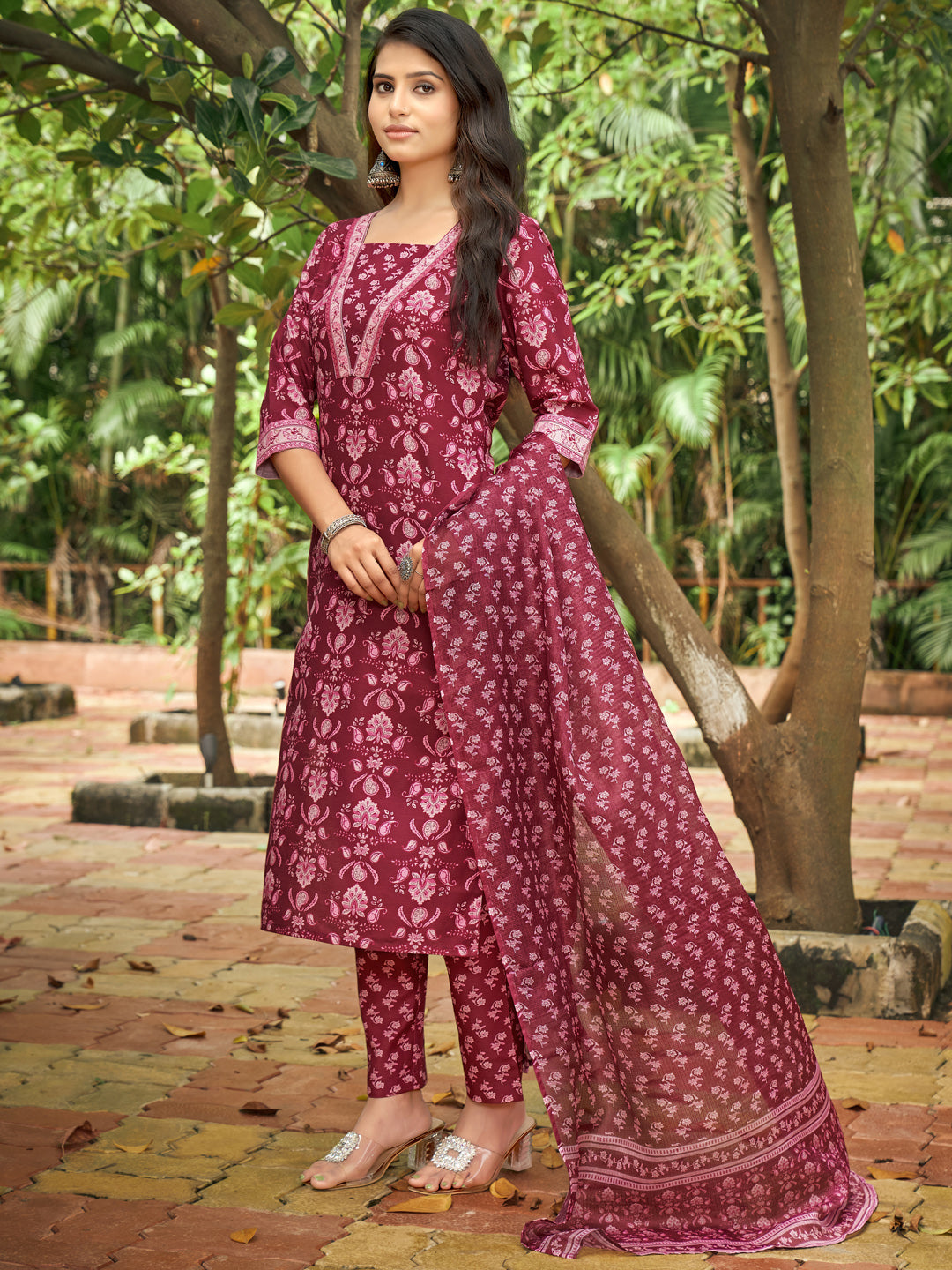 Maroon Floral Print V-Neck Kurta Set