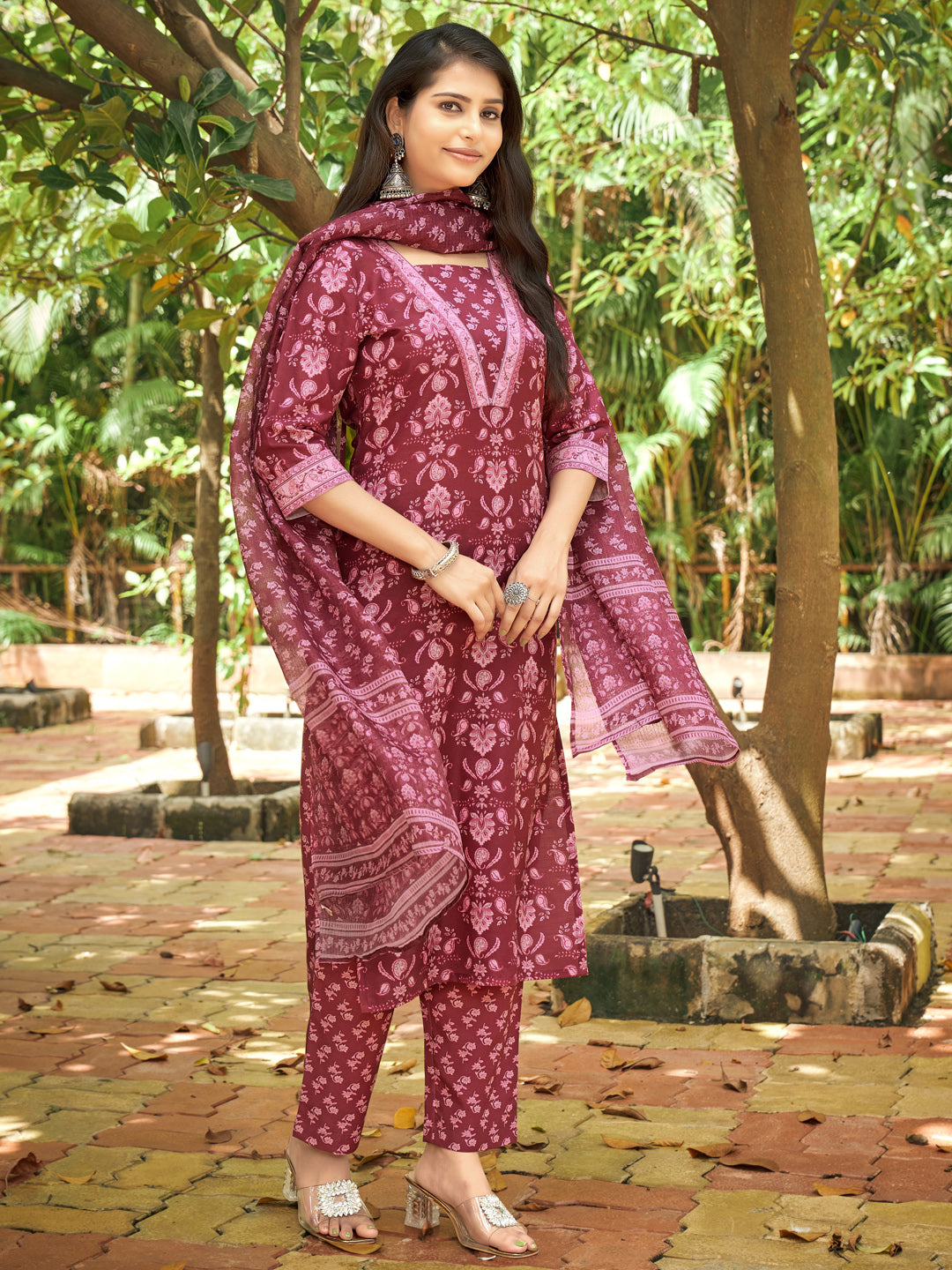 Maroon Floral Print V-Neck Kurta Set