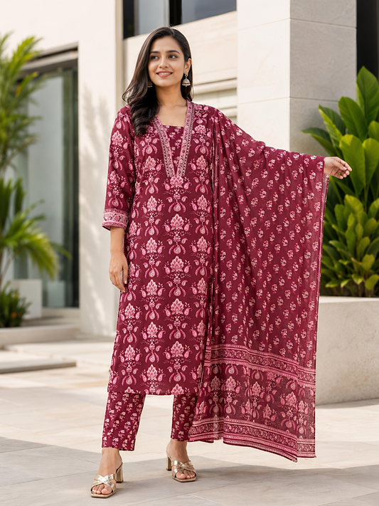 Maroon Ethnic Printed Viscose Rayon Kurta Set Dupatta Stylish Outfit
