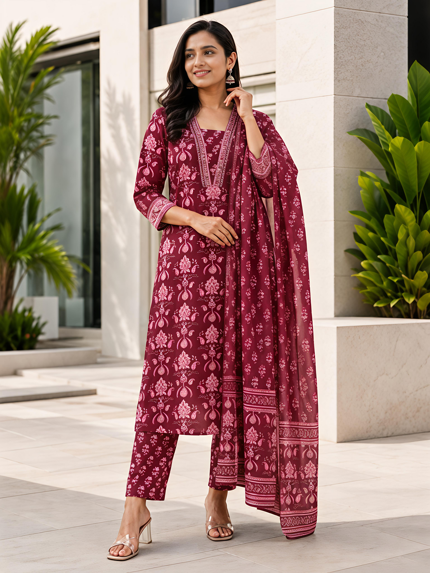Maroon Ethnic Printed Viscose Rayon Kurta Set Dupatta Stylish Outfit