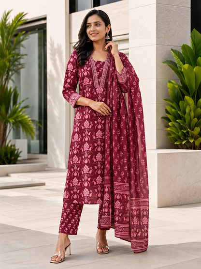 Maroon Ethnic Printed Viscose Rayon Kurta Set Dupatta Stylish Outfit