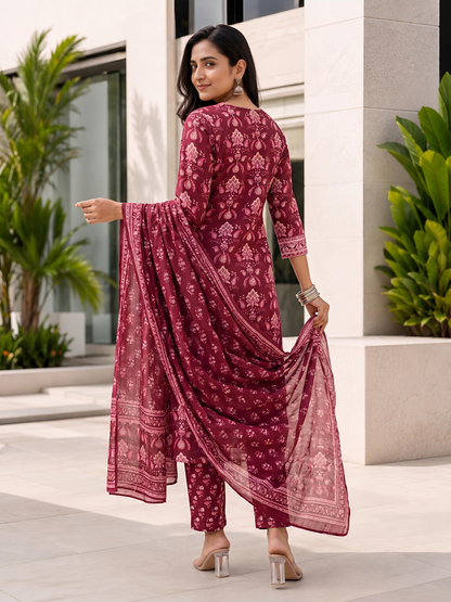 Maroon Ethnic Printed Viscose Rayon Kurta Set Dupatta Stylish Outfit