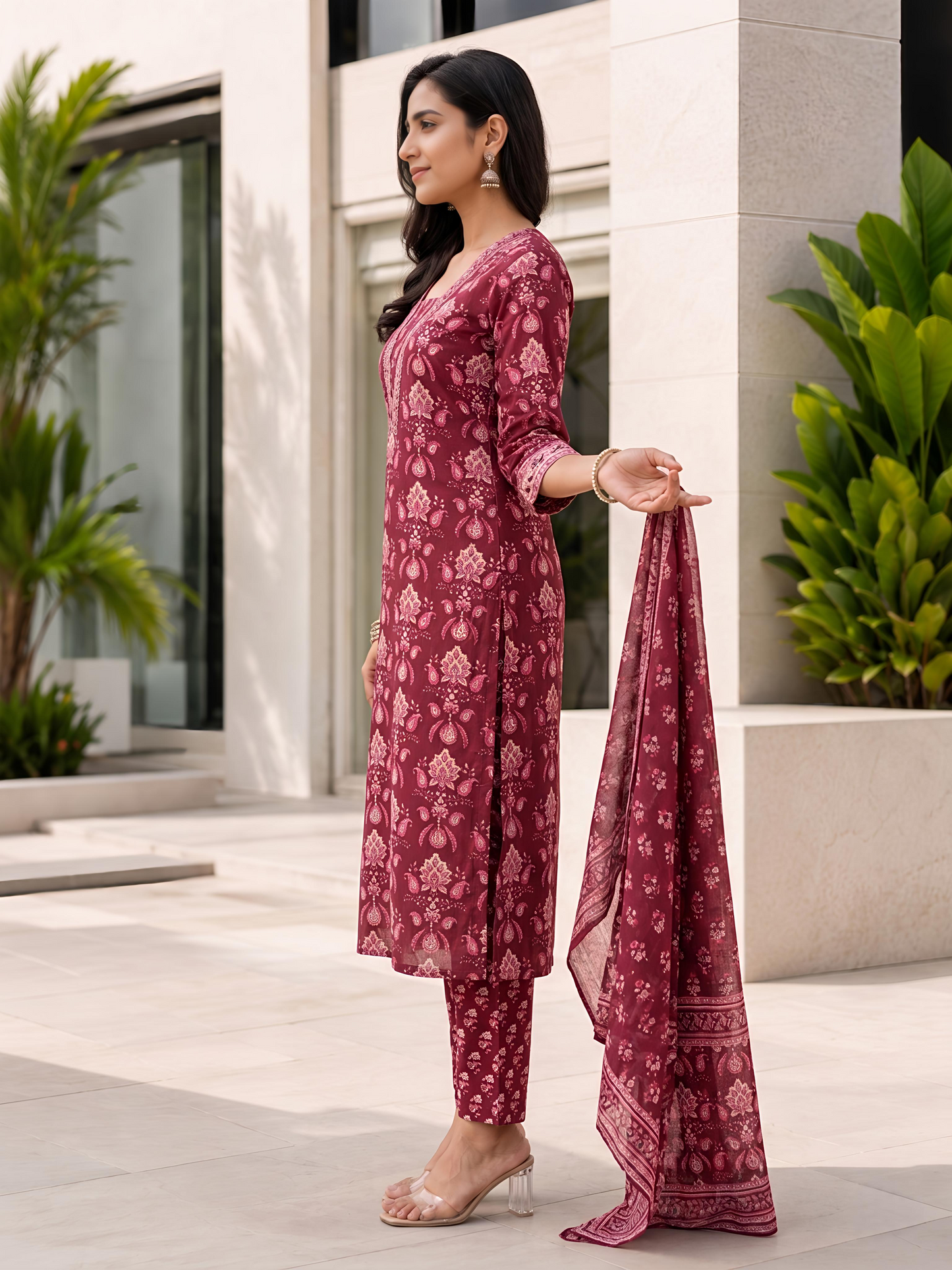 Maroon Ethnic Printed Viscose Rayon Kurta Set Dupatta Stylish Outfit