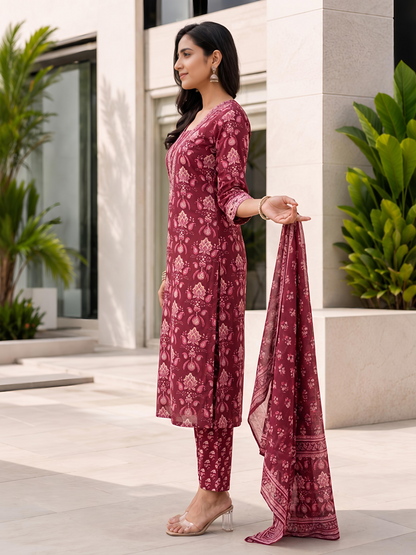 Maroon Ethnic Printed Viscose Rayon Kurta Set Dupatta Stylish Outfit