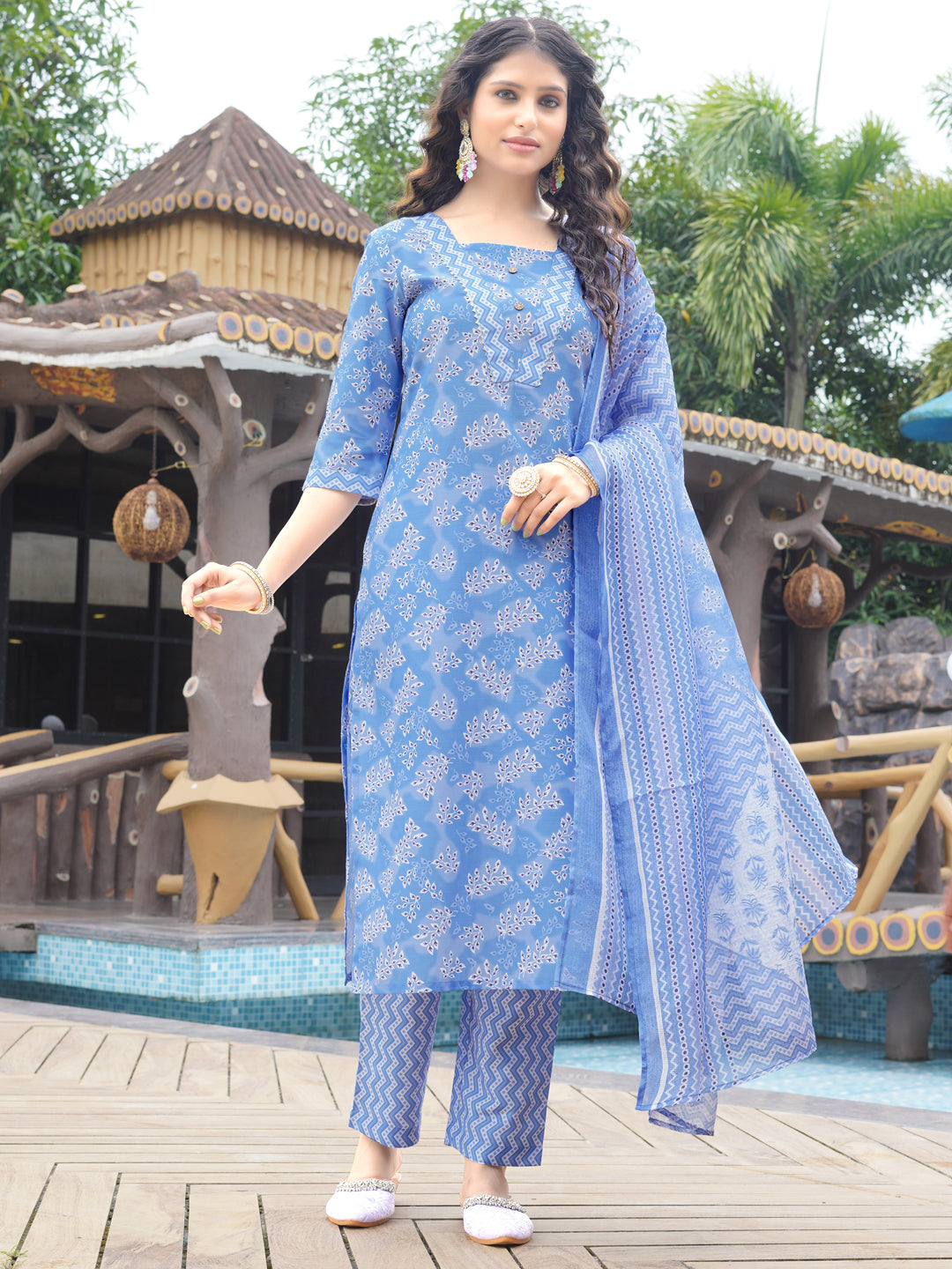 Sky Blue  Viscose Rayon Round Neck Kurta Set