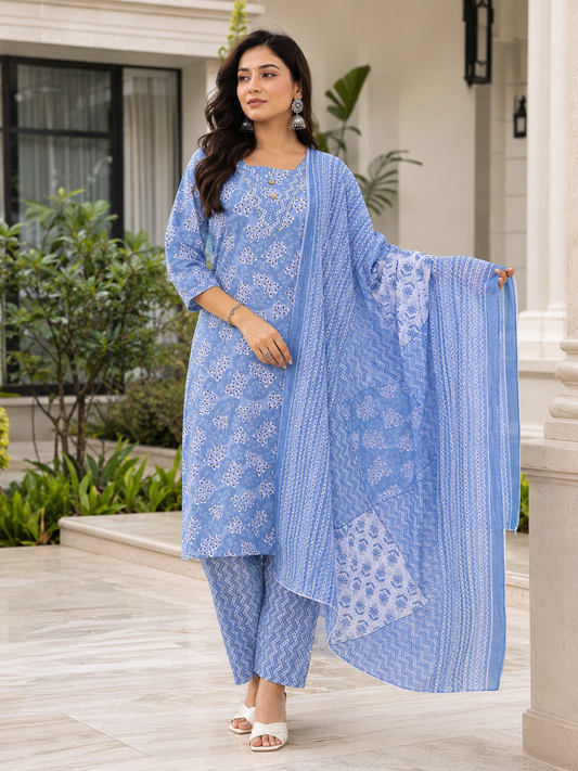 Sky Blue Ethnic Printed Rayon Kurta Set Dupatta Outfit