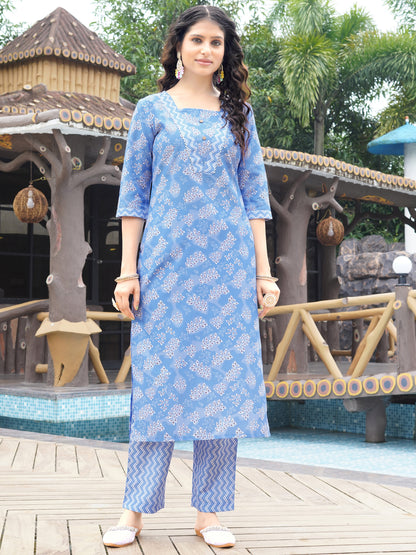 Sky Blue  Viscose Rayon Round Neck Kurta Set