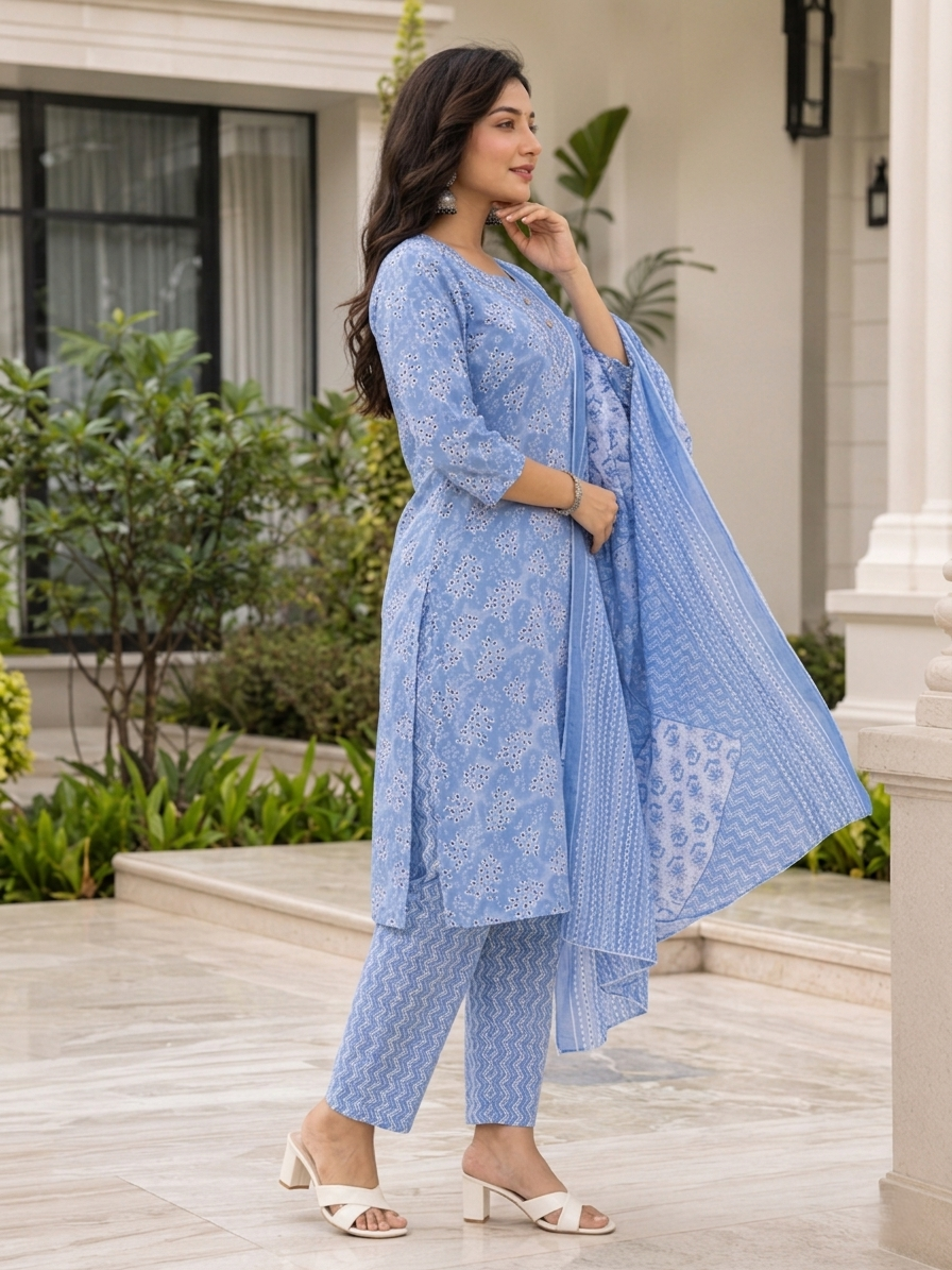 Sky Blue Ethnic Printed Rayon Kurta Set Dupatta Outfit