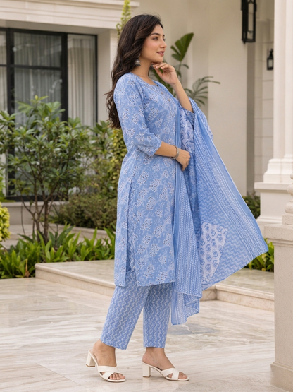 Sky Blue Ethnic Printed Rayon Kurta Set Dupatta Outfit
