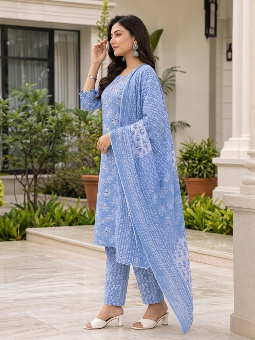 Sky Blue Ethnic Printed Rayon Kurta Set Dupatta Outfit