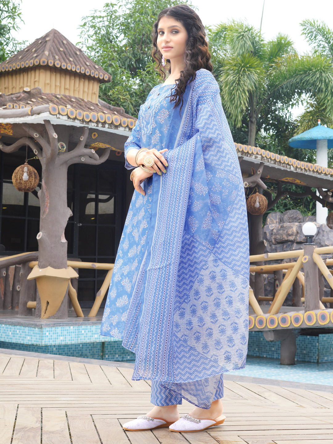 Sky Blue  Viscose Rayon Round Neck Kurta Set