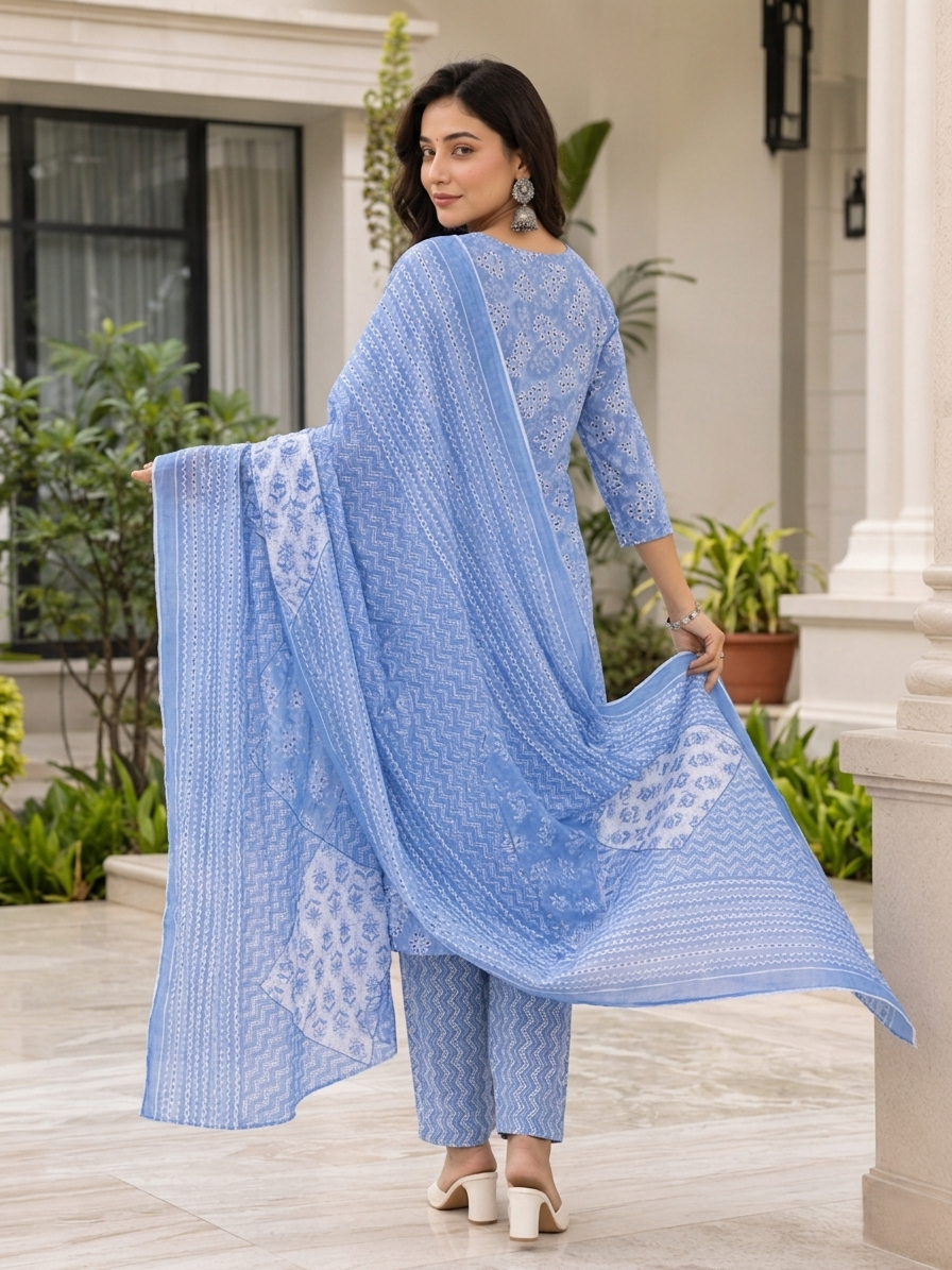 Sky Blue Ethnic Printed Rayon Kurta Set Dupatta Outfit