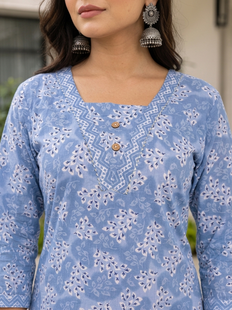 Sky Blue Ethnic Printed Rayon Kurta Set Dupatta Outfit