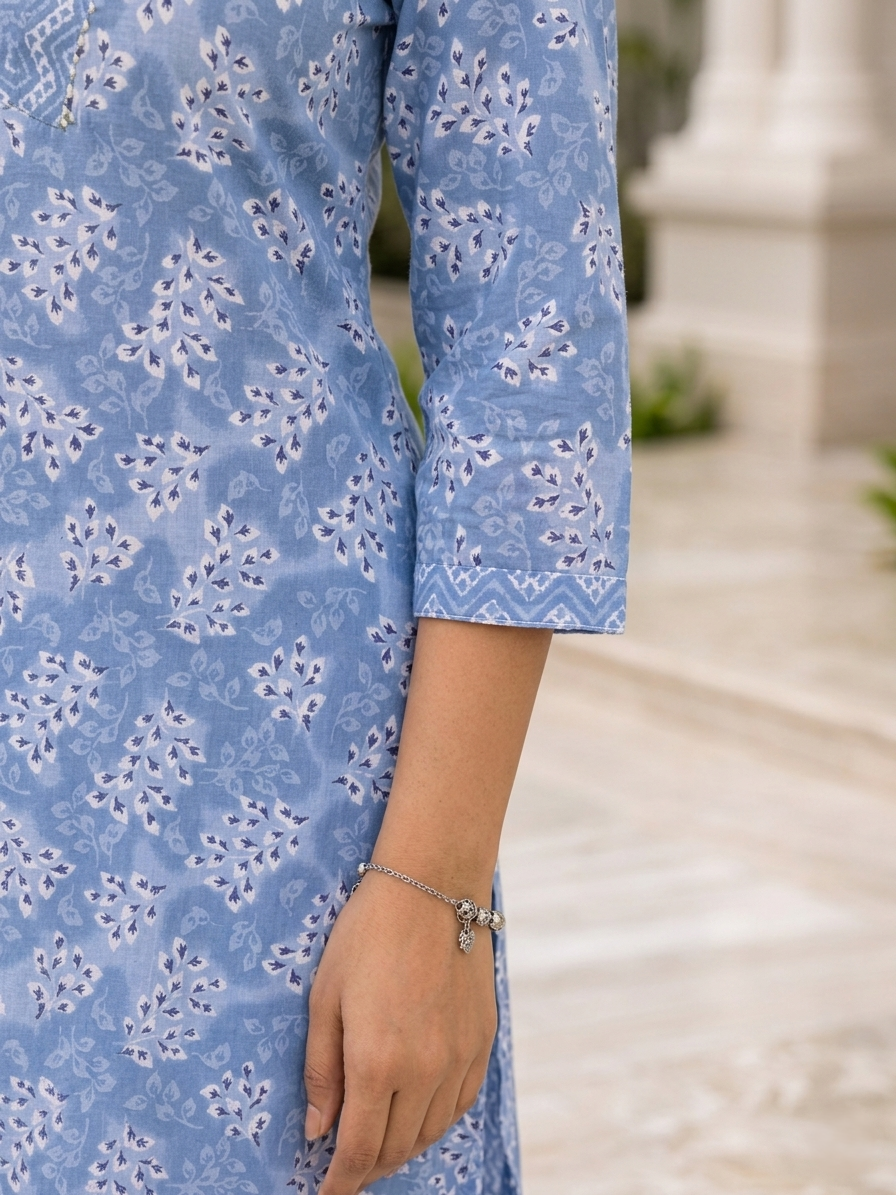 Sky Blue Ethnic Printed Rayon Kurta Set Dupatta Outfit