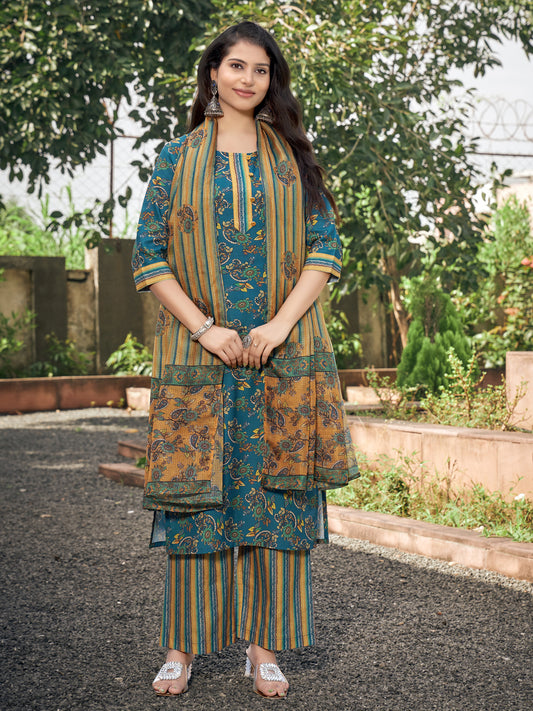 Teal And Mustard Floral Rayon Kurta Set