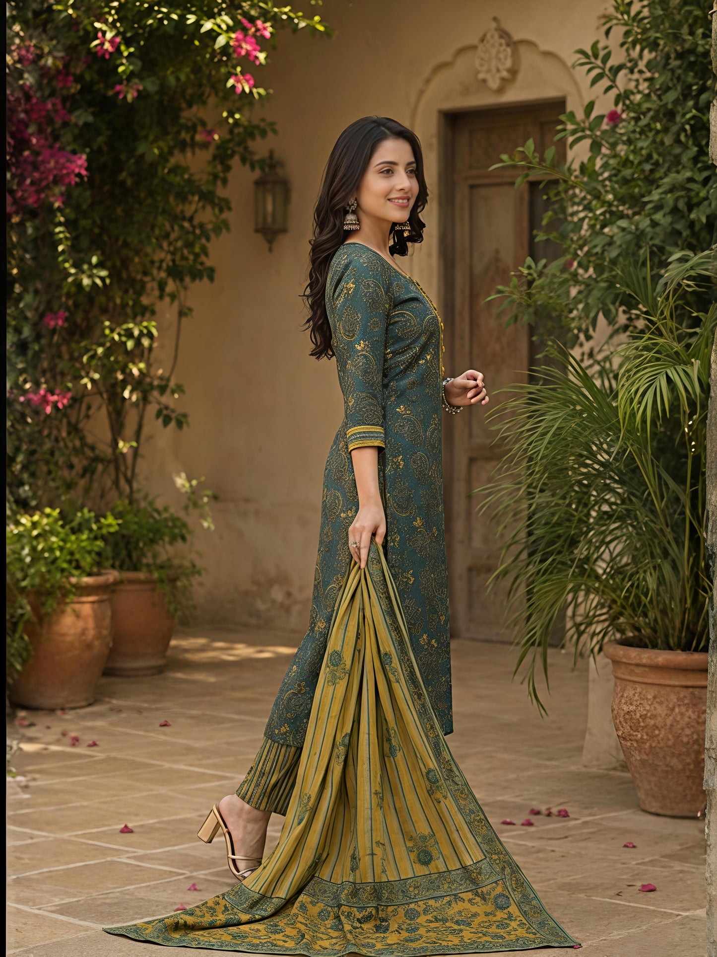 Green Ethnic Printed Viscose Rayon Kurta Set Dupatta Stylish Outfit