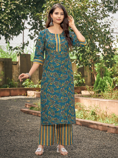 Teal And Mustard Floral Rayon Kurta Set