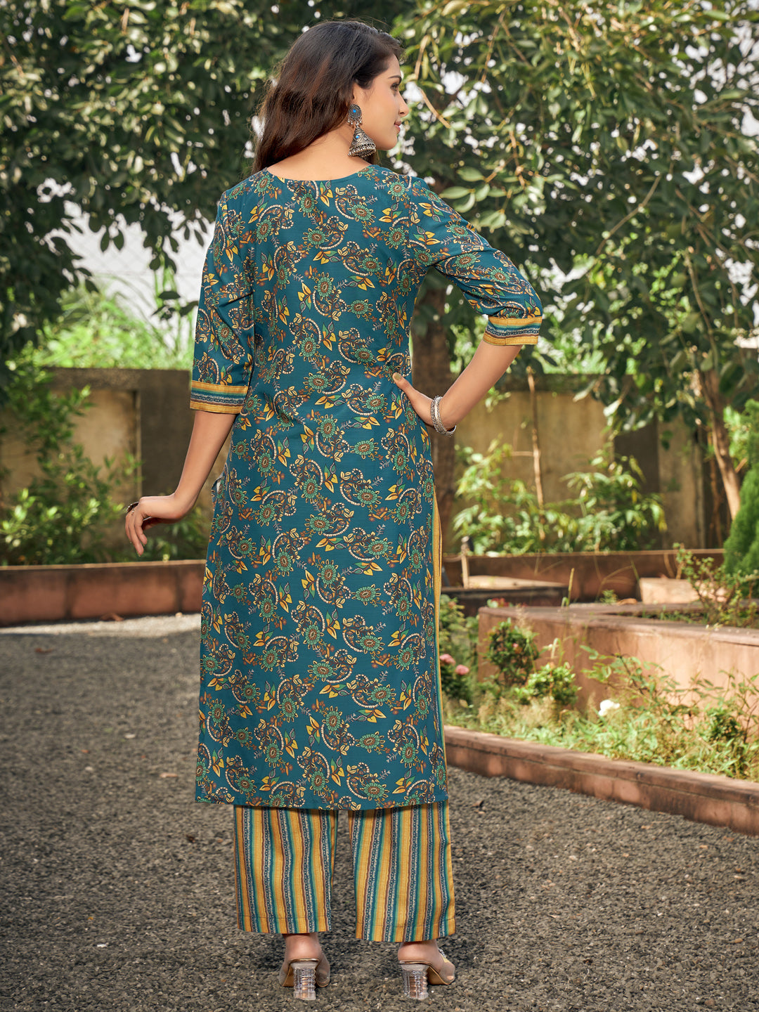 Teal And Mustard Floral Rayon Kurta Set