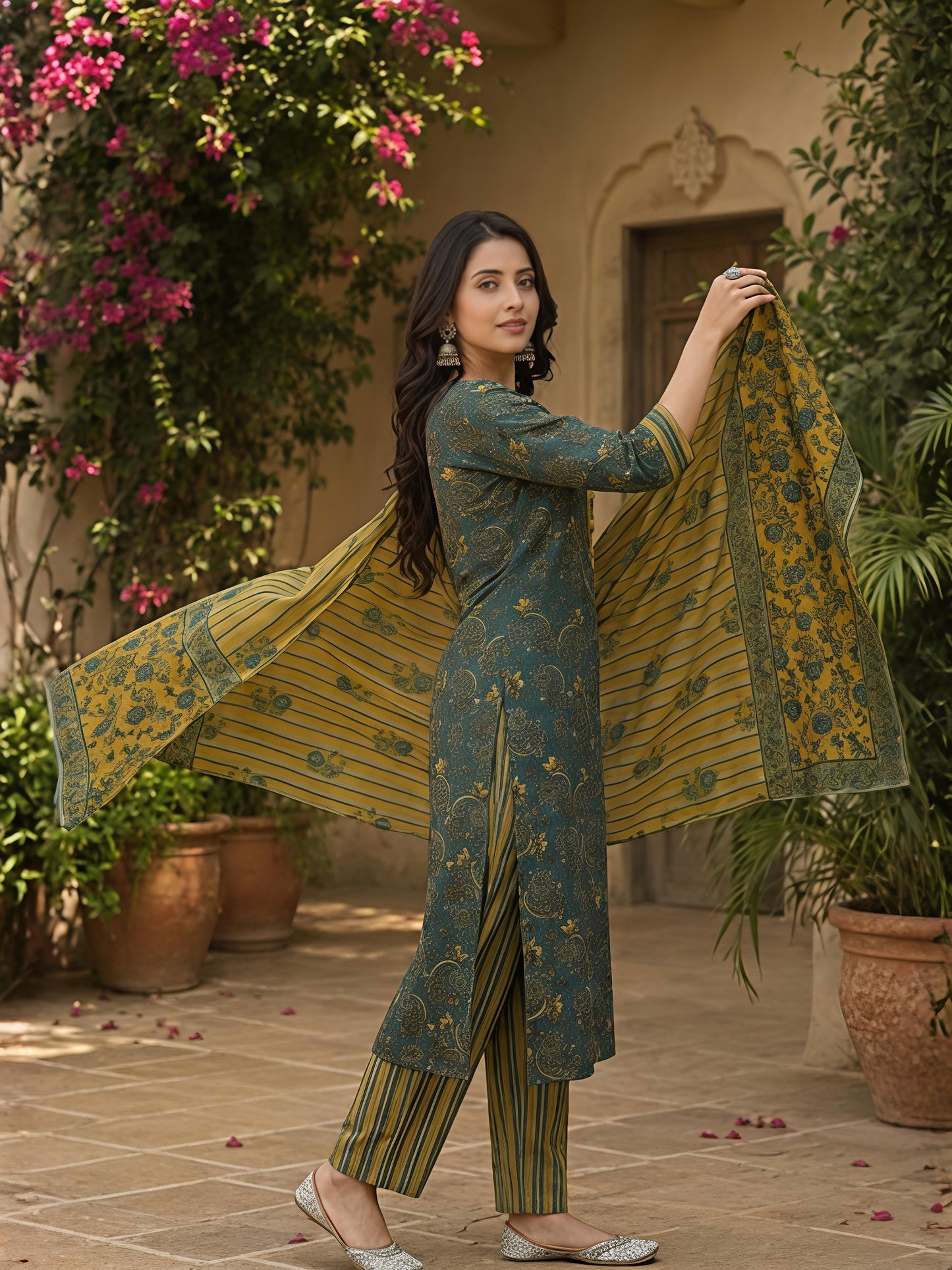 Green Ethnic Printed Viscose Rayon Kurta Set Dupatta Stylish Outfit