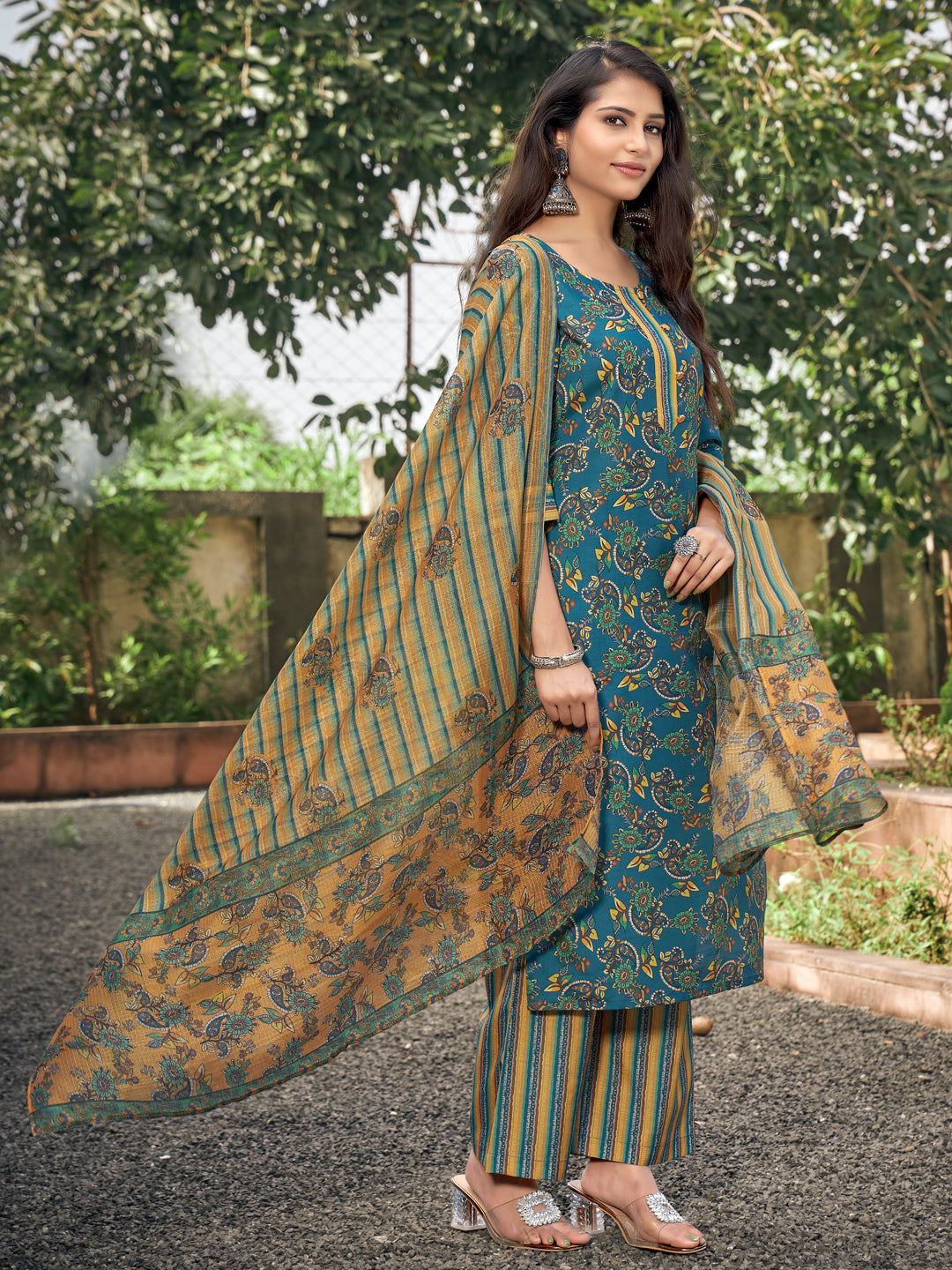 Teal And Mustard Floral Rayon Kurta Set