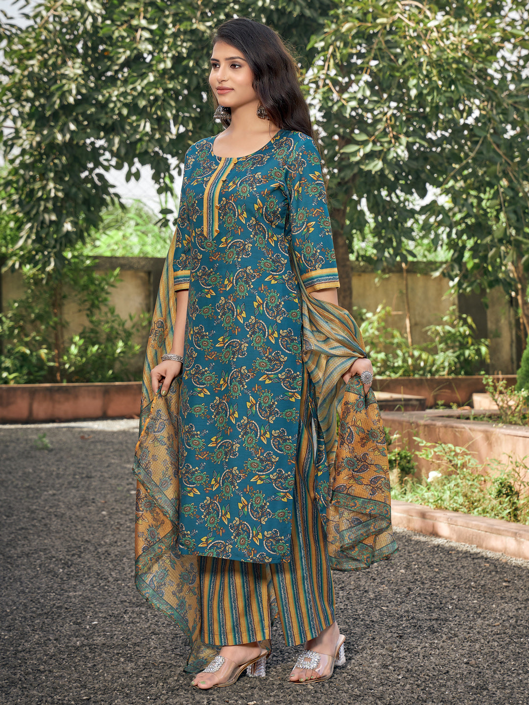 Teal And Mustard Floral Rayon Kurta Set