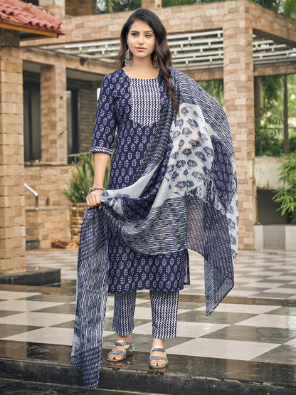 Blue Ethnic Motifs Printed Round Neck Kurta Set