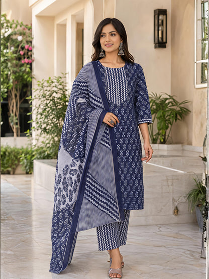 Blue Ethnic Rayon Kurta Set Dupatta Stylish Festive Outfit