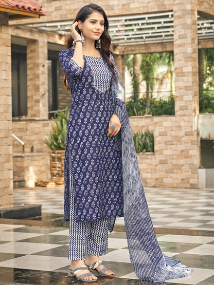 Blue Ethnic Motifs Printed Round Neck Kurta Set