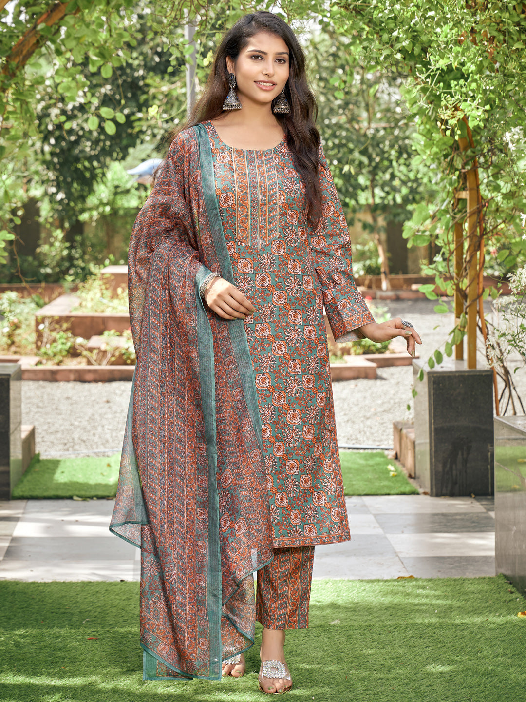 Brown Floral Rayon Printed Kurta Set