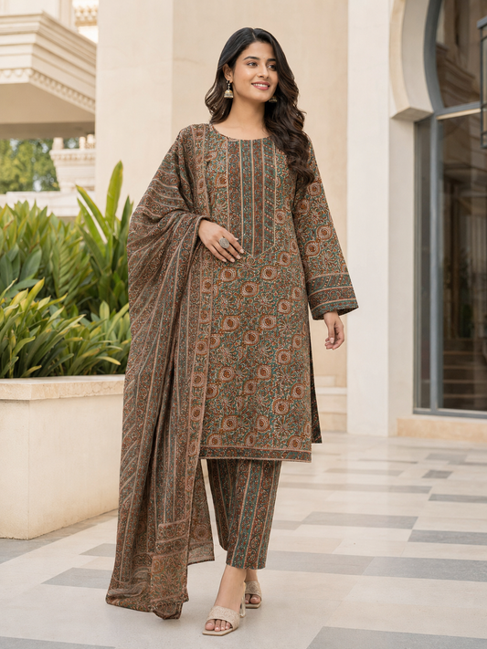 Brown Ethnic Printed Viscose Rayon Kurta Set Dupatta Stylish Outfit