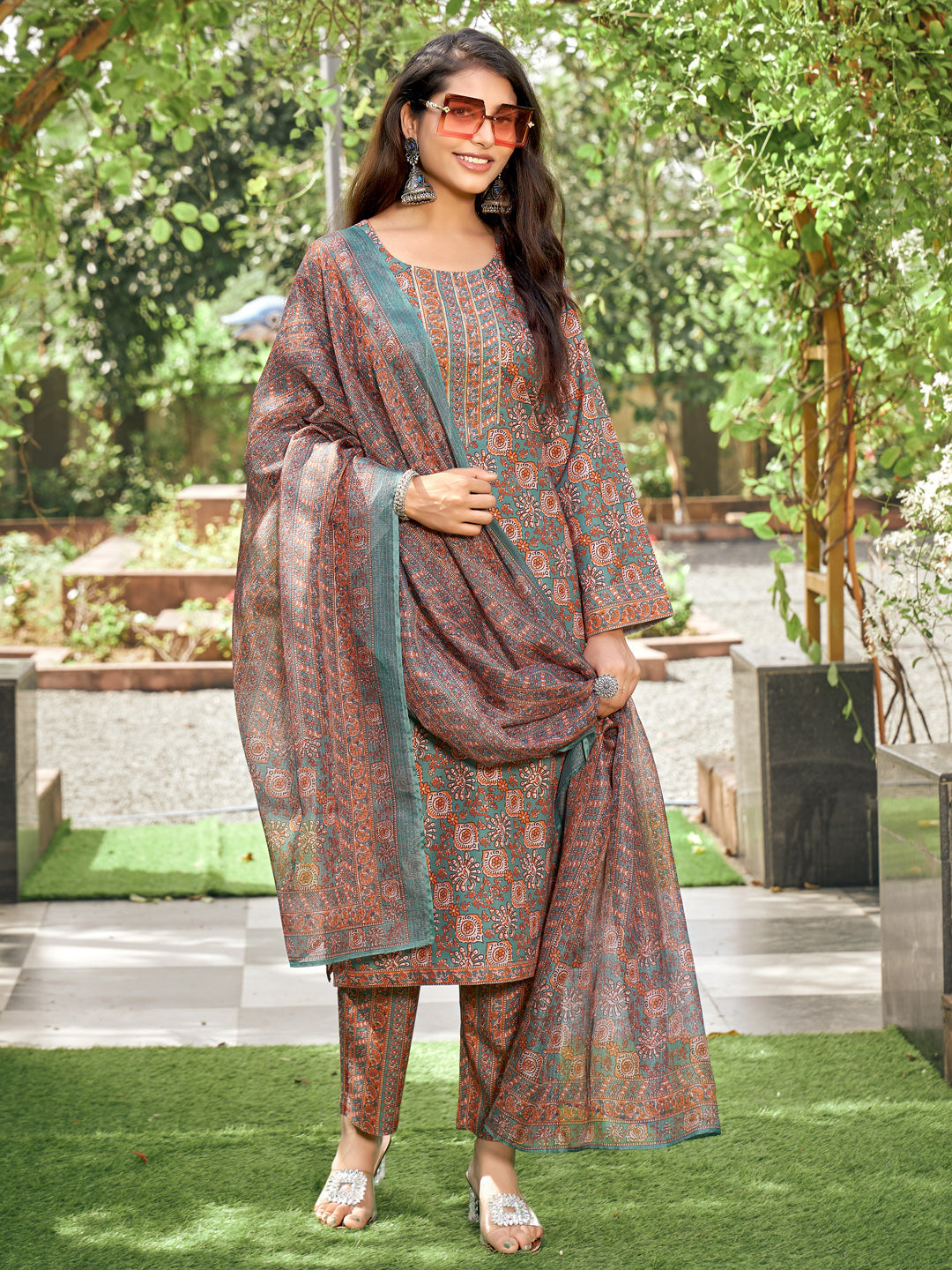 Brown Floral Rayon Printed Kurta Set