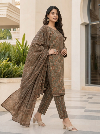 Brown Ethnic Printed Viscose Rayon Kurta Set Dupatta Stylish Outfit