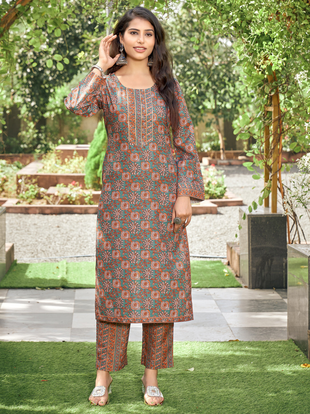 Brown Floral Rayon Printed Kurta Set