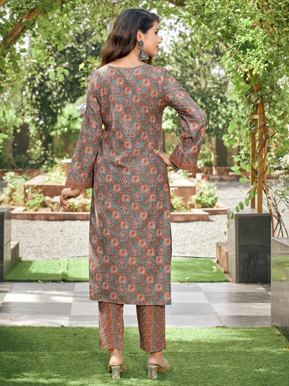 Brown Floral Rayon Printed Kurta Set