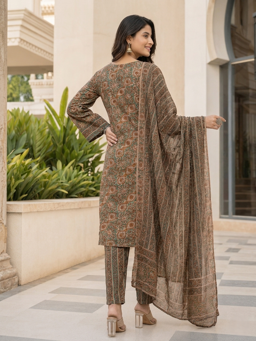 Brown Ethnic Printed Viscose Rayon Kurta Set Dupatta Stylish Outfit
