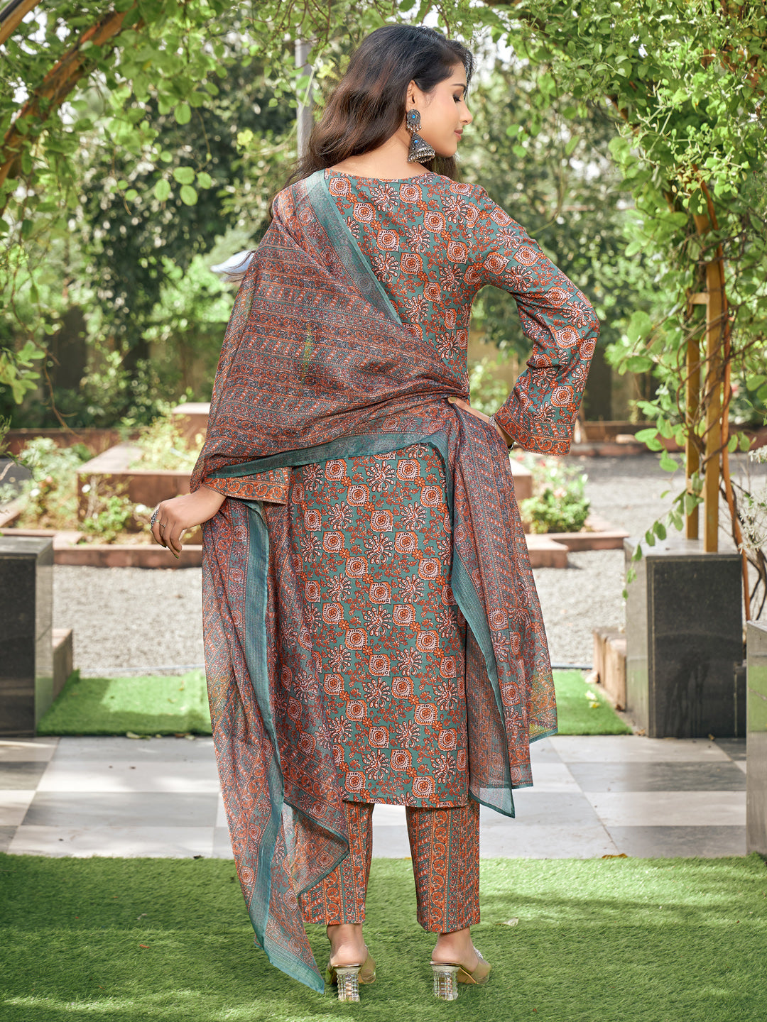 Brown Floral Rayon Printed Kurta Set